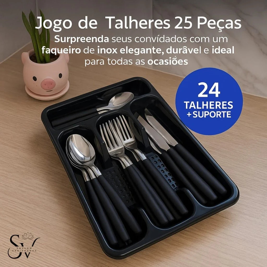 Conjunto de Talheres Aço Inox 24 Peças + Suporte Organizador - Alta Qualidade